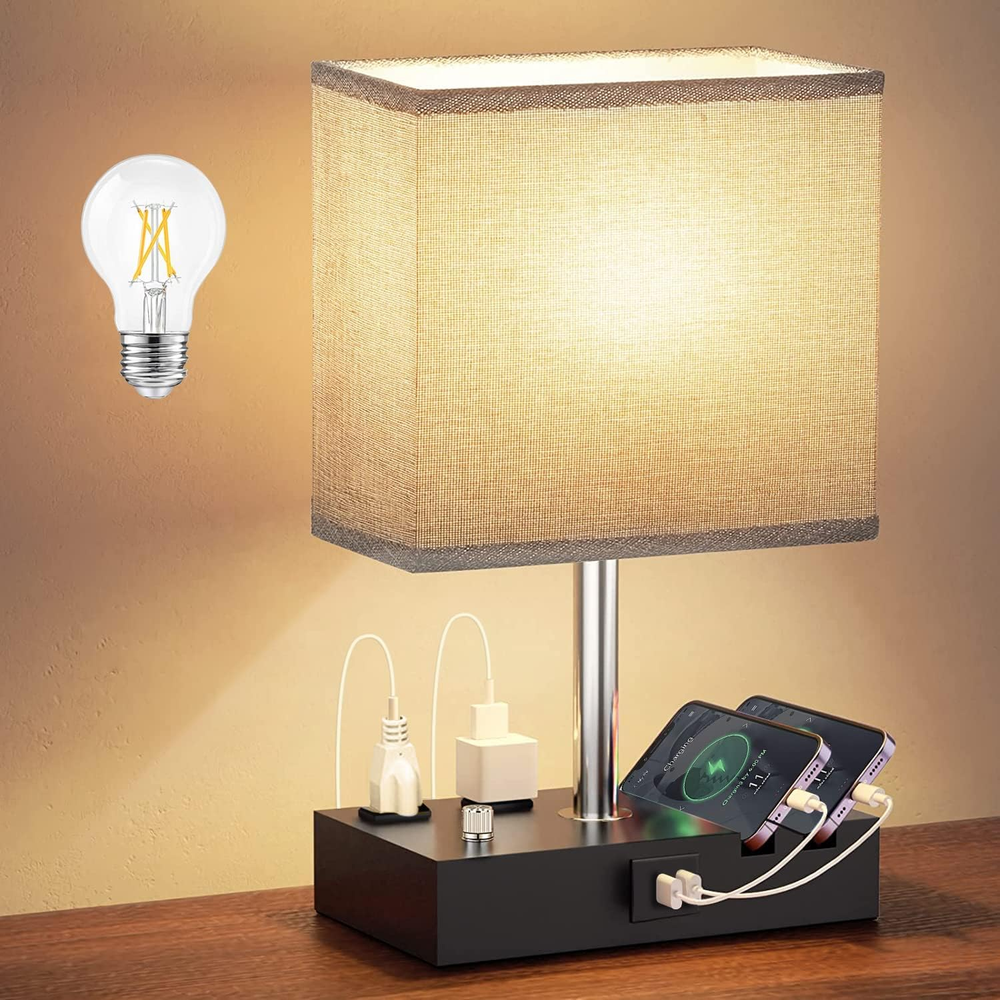 Fully Dimmable Bedside Table Lamp with 2 USB Ports and 2 AC Outlets for Bedrooms