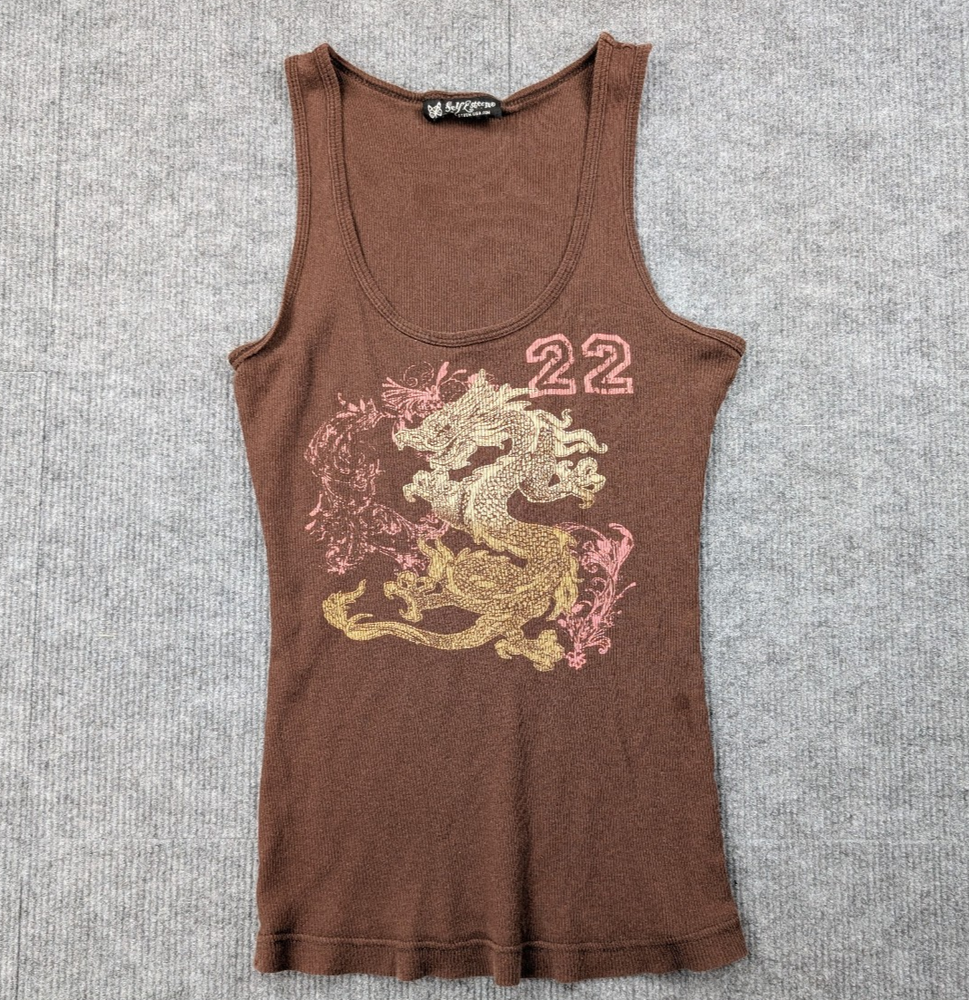 Vintage Self Esteen Tank Women Medium Y2K Ribbed Shirt Dragon 90s Oriental Brown