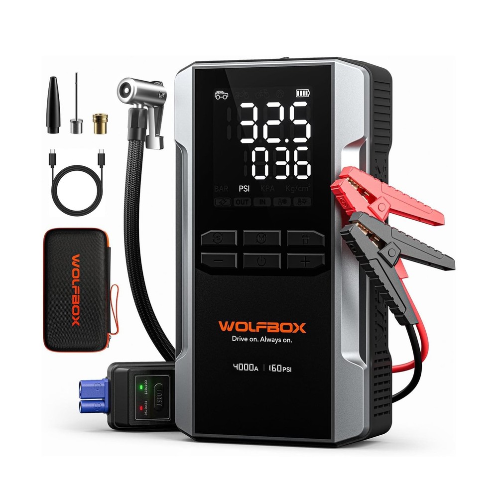 WOLFBOX 4000A Jump Starter with 160PSI Air Compressor, 12V Car Battery Booste...