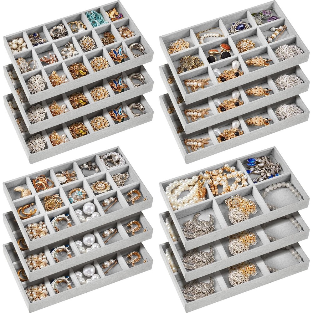 Junkin 12 Pcs Velvet Stackable Jewelry Organizer Trays with Dividers