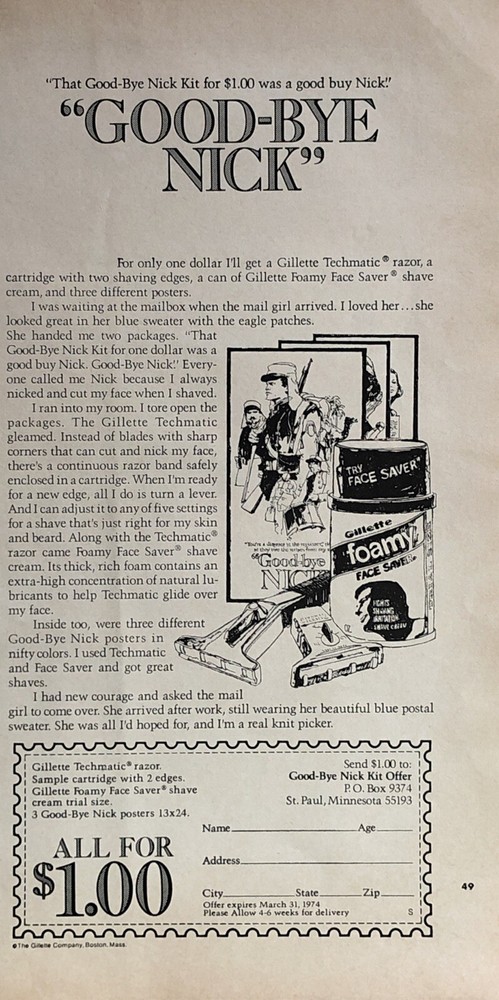 1973 Gillette Goodbye Nick Shaving Kit PRINT AD Razor Blades Cream VTG 1970s