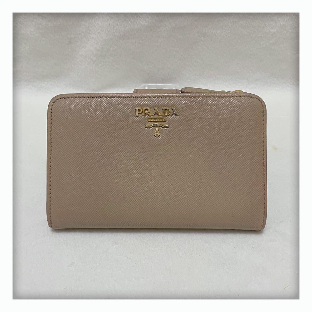 Prada Saffiano Leather Bifold Wallet Compact Beige Preowned