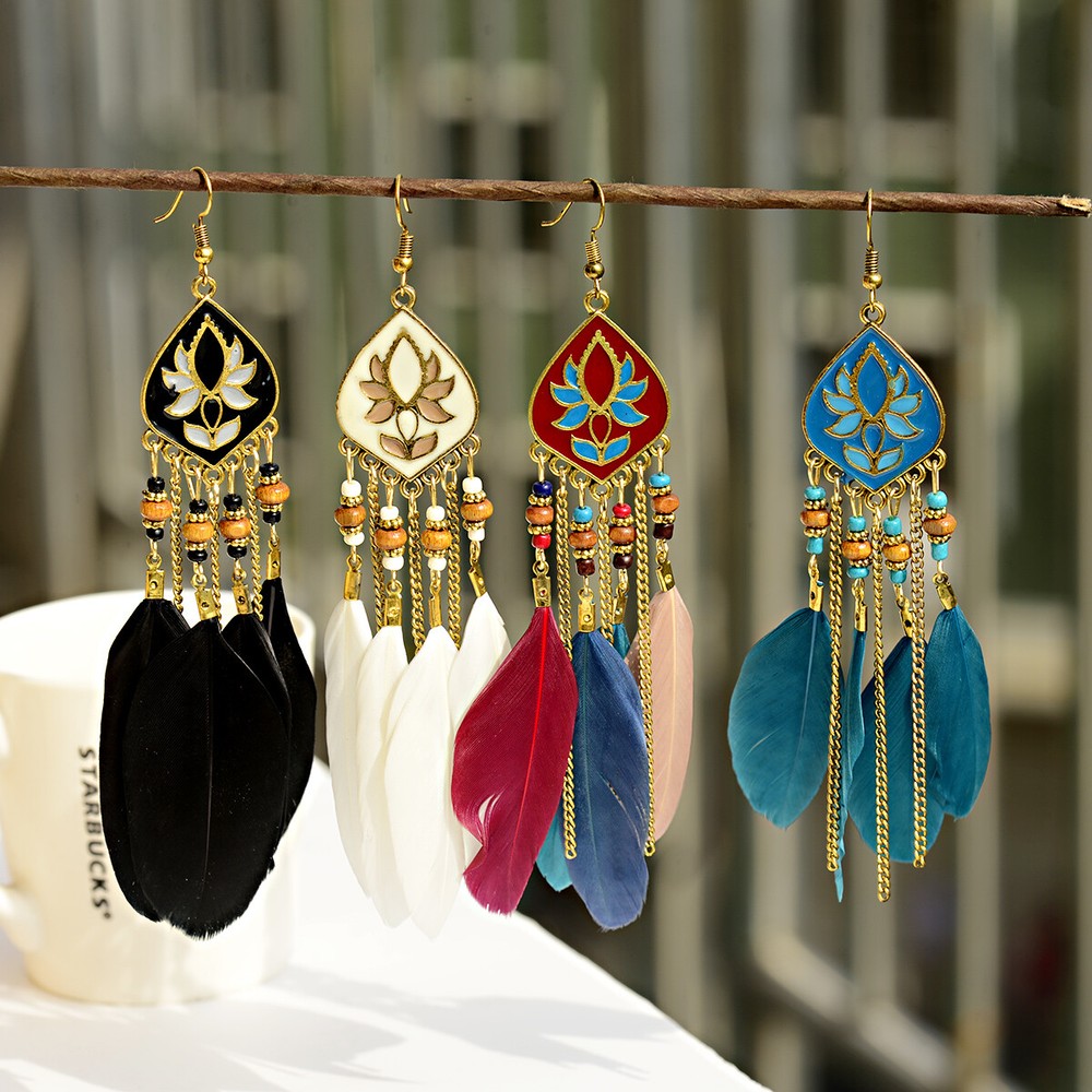 Women’s Bohemian Rainbow Flower Feather Tassel Dangle Earrings Ethnic Boho Style Gift for Her