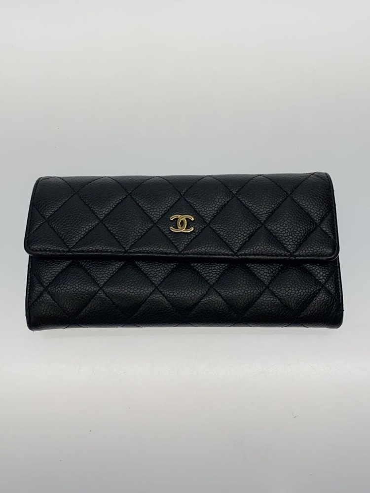 CHANEL Caviar Leather Long Flap Wallet CC Black Pre-Owned A50096