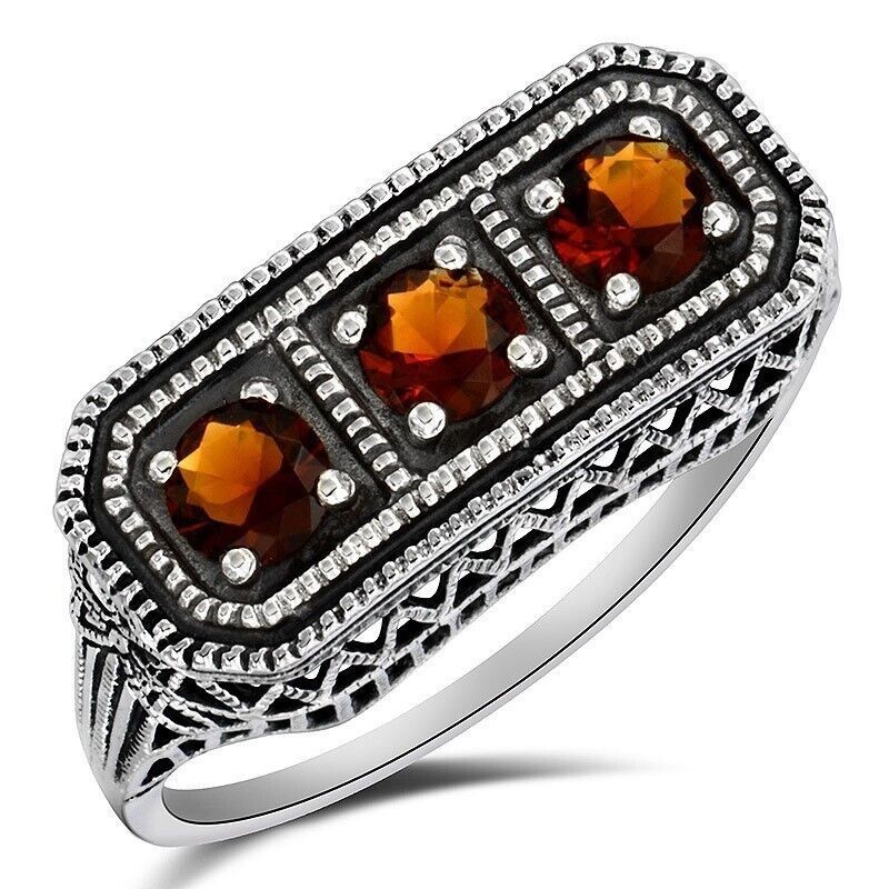 1CT Natural Fire Garnet 925 Sterling Silver Art Nouveau Ring Sz 8