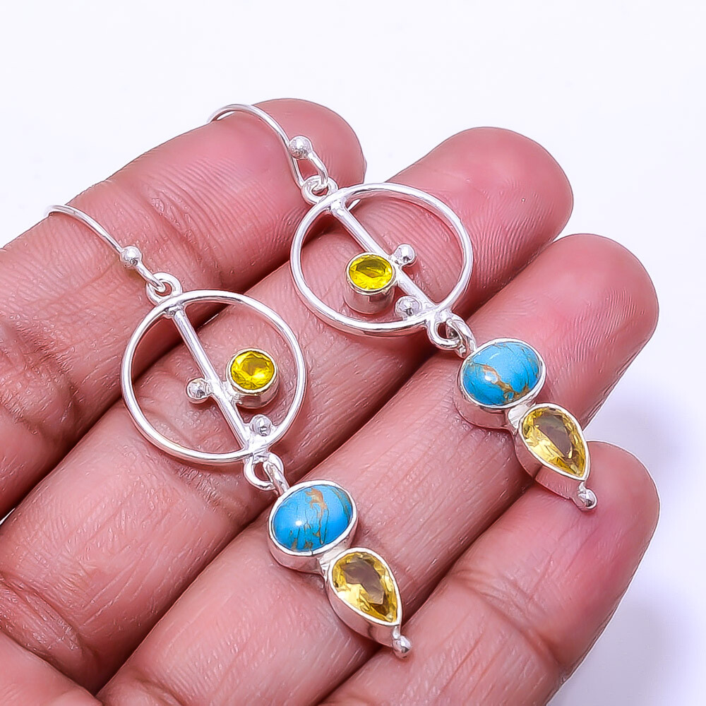 Copper Blue Turquoise Citrine 925 Sterling Silver Earrings 2.34 Inches E1