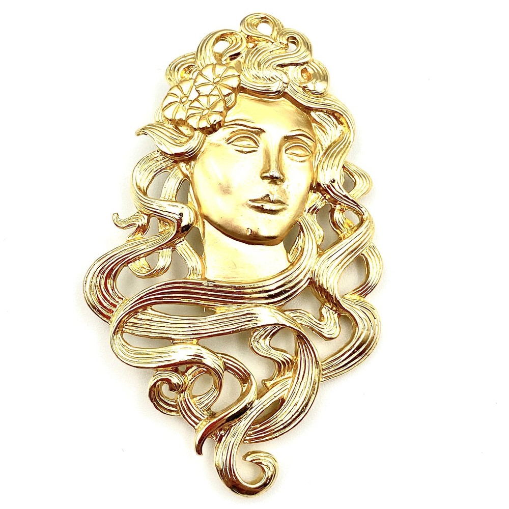 Vtg JJ 1988 GoldTone Brooch Large Victorian Lady Textured Hair Flower Ornate E