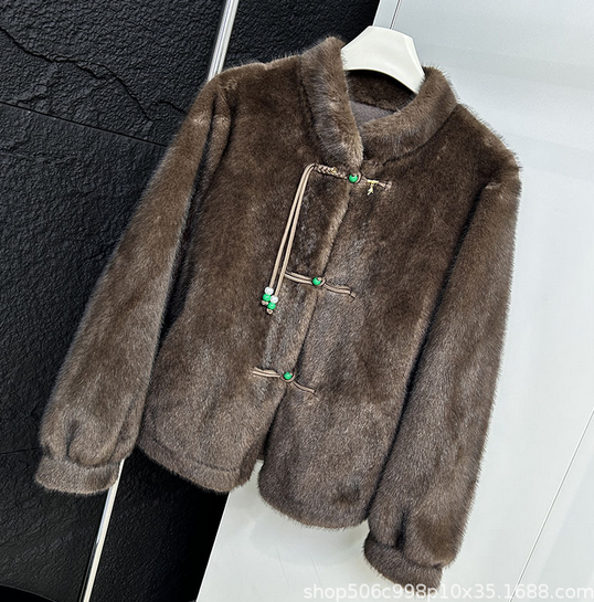 Gold Mink Faux Fur Jacket Women 2024 Winter Short Stand Collar Coat