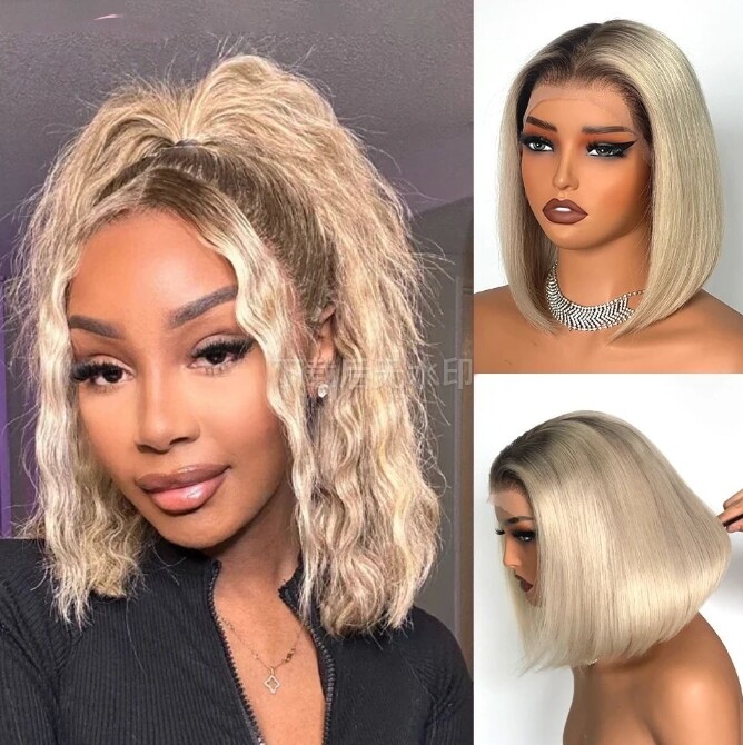 Ashy Blonde Ombre Lace Front Wig Short Straight Bob Brazilian Human Hair Wig