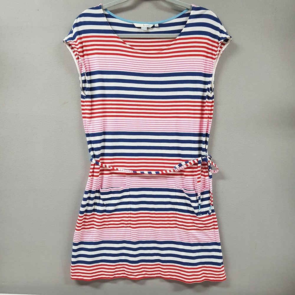 Boden Tunic Dress Women's Medium Mulricolor Striped Sleeveless Waist Tie Pockets