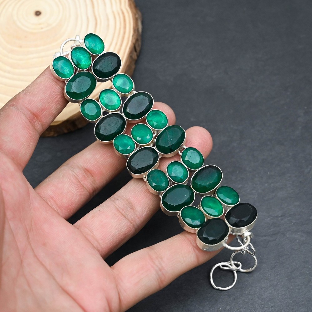 Skota Emerald Gemstone Handmade 925 Sterling Silver Jewelry Bracelet 7-8