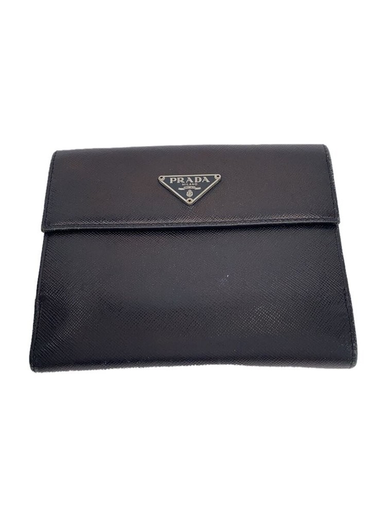 PRADA Tri Fold Wallet Leather BLK Plain Women s