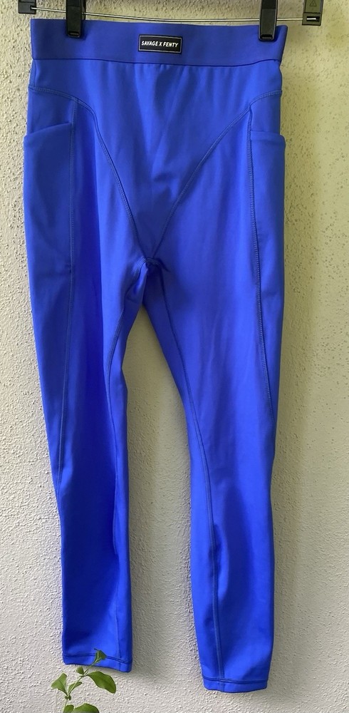 Savage X Fenty Blue Ankle Leggings Women Regular Solid Knit Pockets Stretch Logo