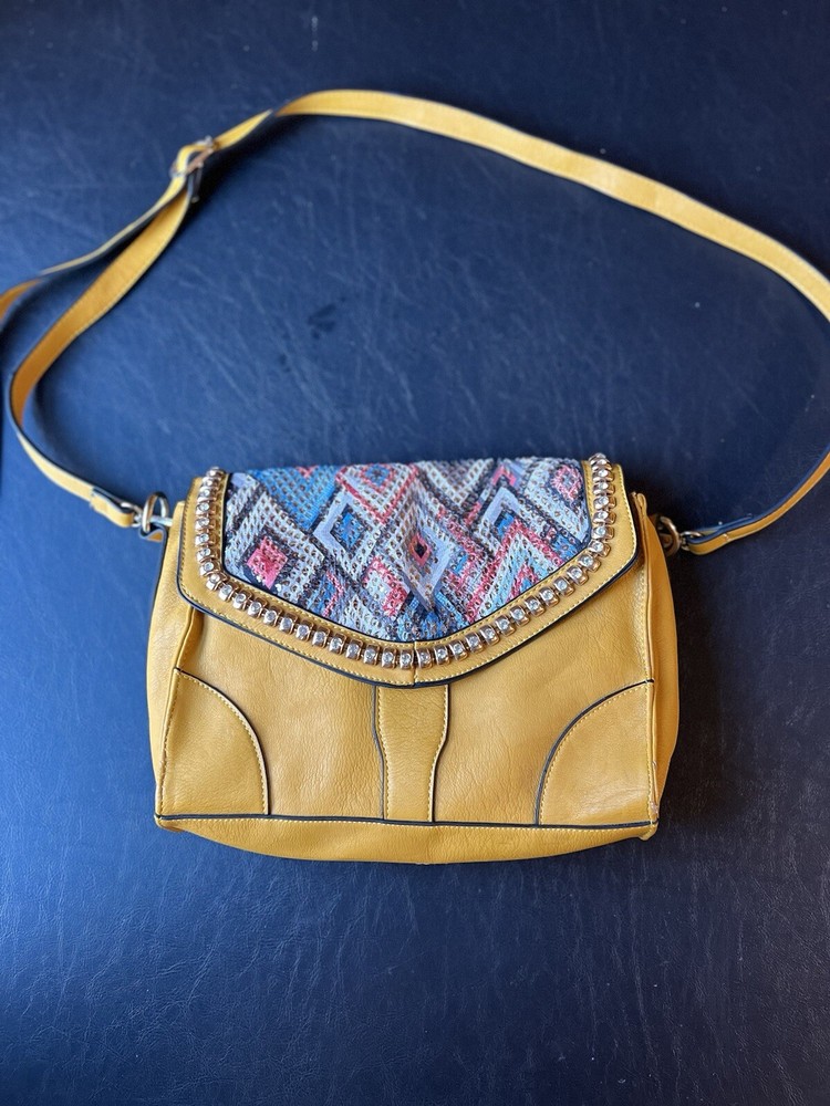 Mustard yellow studded embroidered crossbody shoulder bag