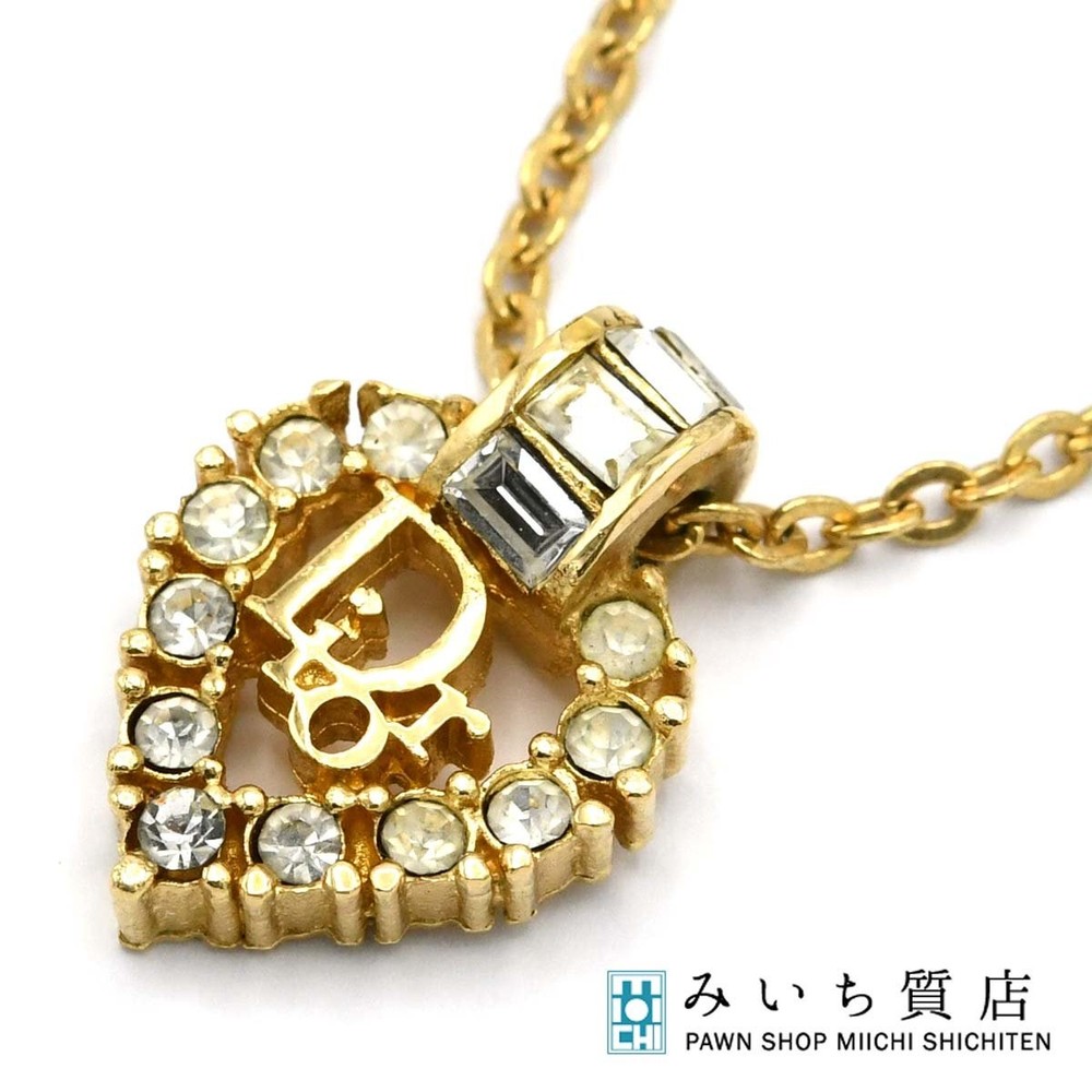 Dior Christian Heart Rhinestone Logo Necklace Gold 5.5g