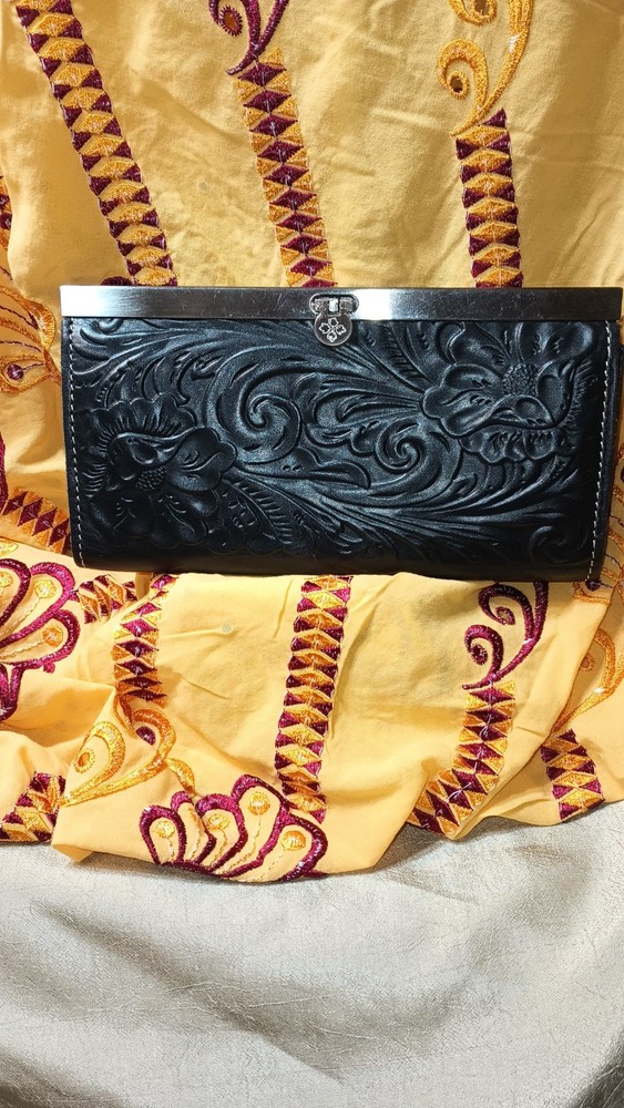 Patricia Nash Cauchy Black Floral Embossed Tooled Italian Leather Wallet/Clutch