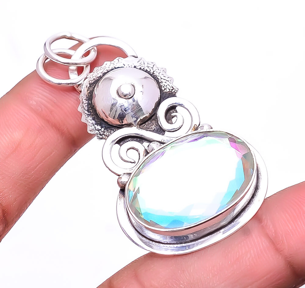 Aura Rainbow Mystic Fire Topaz Sterling Silver Pendant 2.15 inches P61