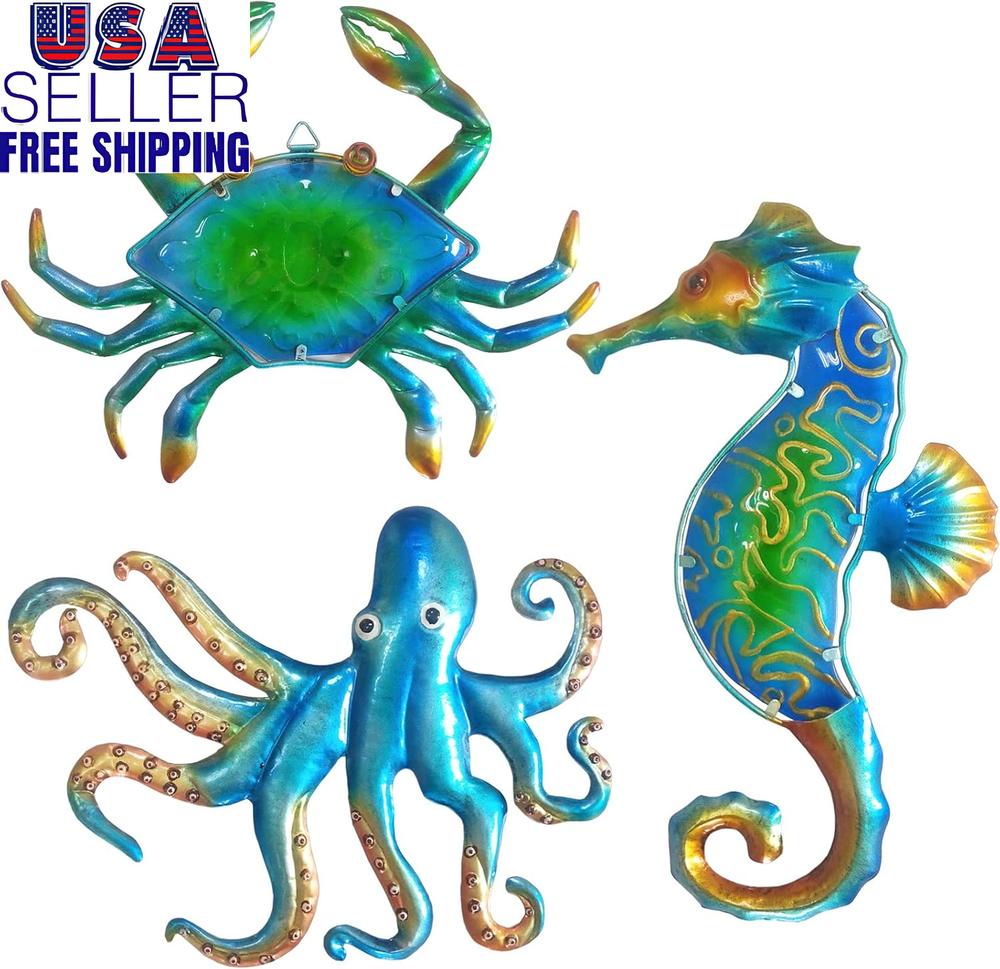 JFRISING 3 Pack Metal Seahorse Octopus Crab Wall Art Decor Plaque Sculpture, Sea