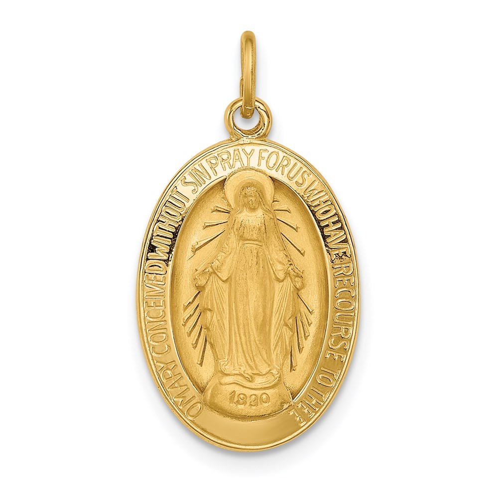 14K Yellow Gold Polished and Satin Solid Miraculous Medal Oval Pendant L-24.5 mm
