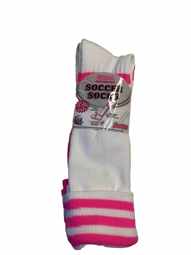 NWT Franklin 2 Pack Youth Soccer Socks White Pink Size Small (10-1) Made In USA