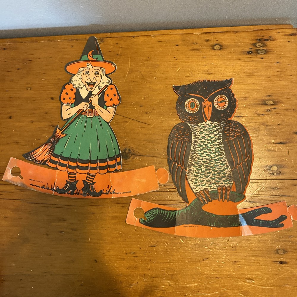 Vintage Halloween Favor-ette Owl on Tree Branch & Witch Stand-up Die Cut Biestle