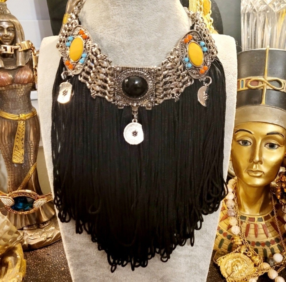 Artisan Black Fringed Silver Stone Embellished Festival Statement Necklace