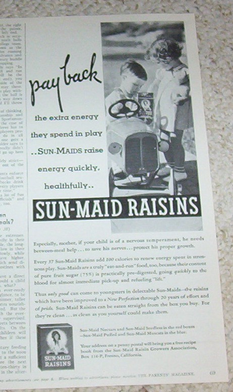 1934 print ad - Sun-Maid Raisins Little BOY girl pedal car vintage Advertising