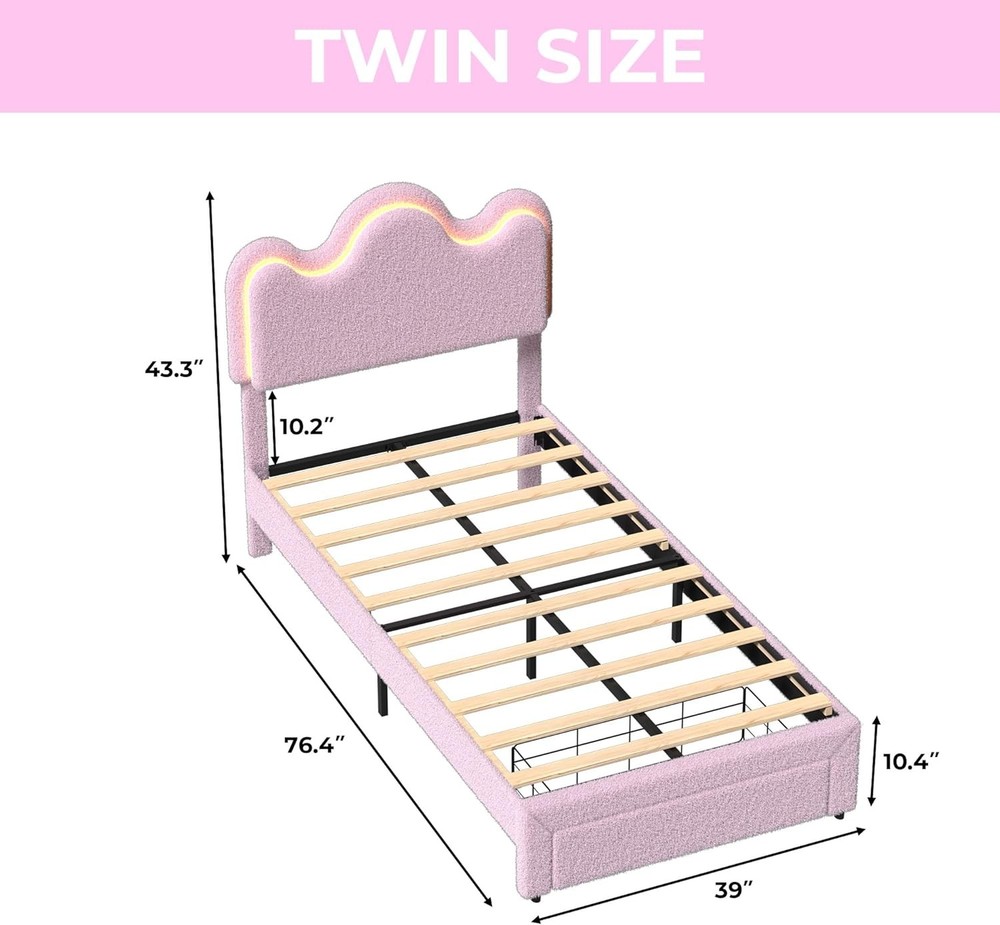Cute Full/Twin Size Princess Bed Frame Upholstered LED Headboard for Kids/Girls