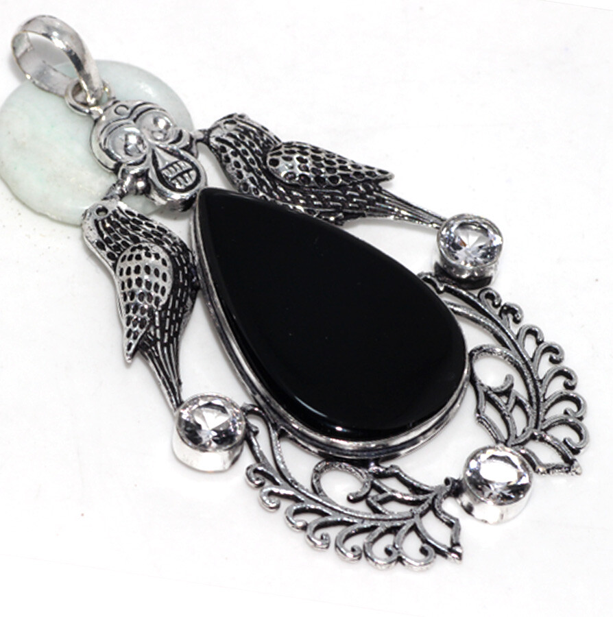 Black Onyx Crystal Topaz 925 Silver Plated Pendant 3.5