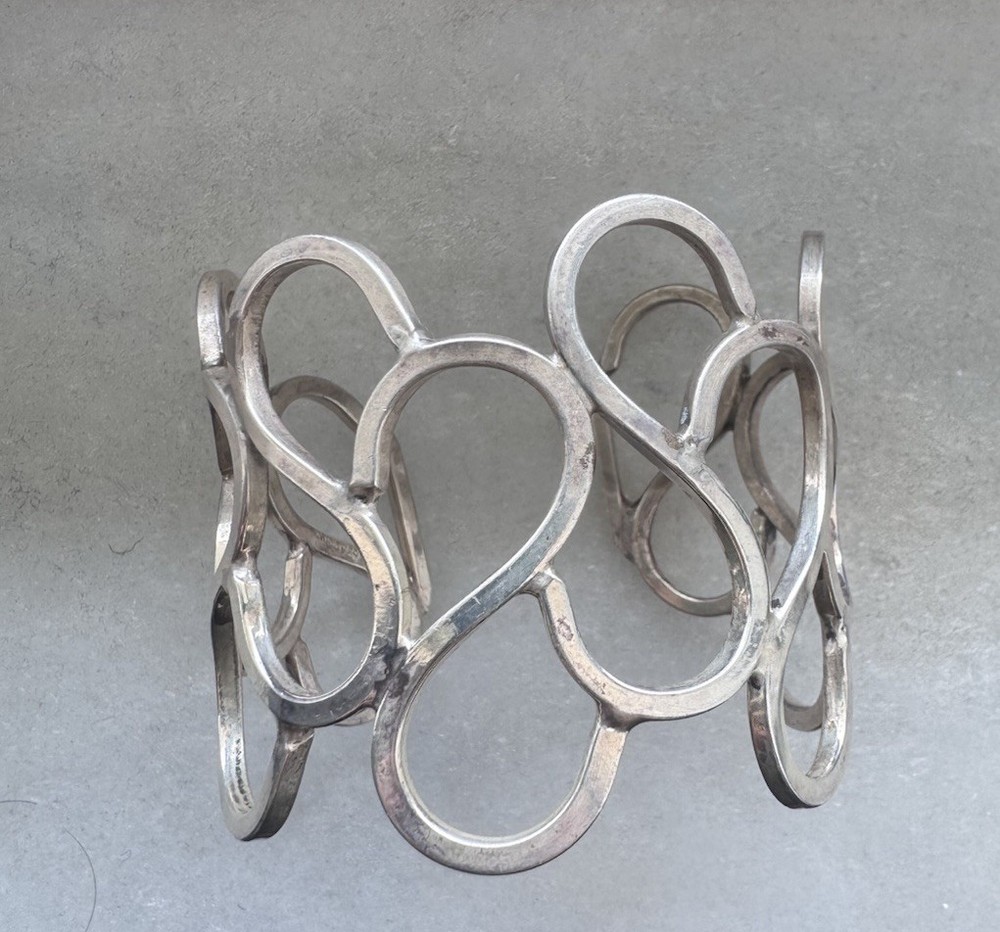 Vintage Taxco 925 Sterling Silver Wide Abstract Art Cuff Bracelet Signed, Mexico