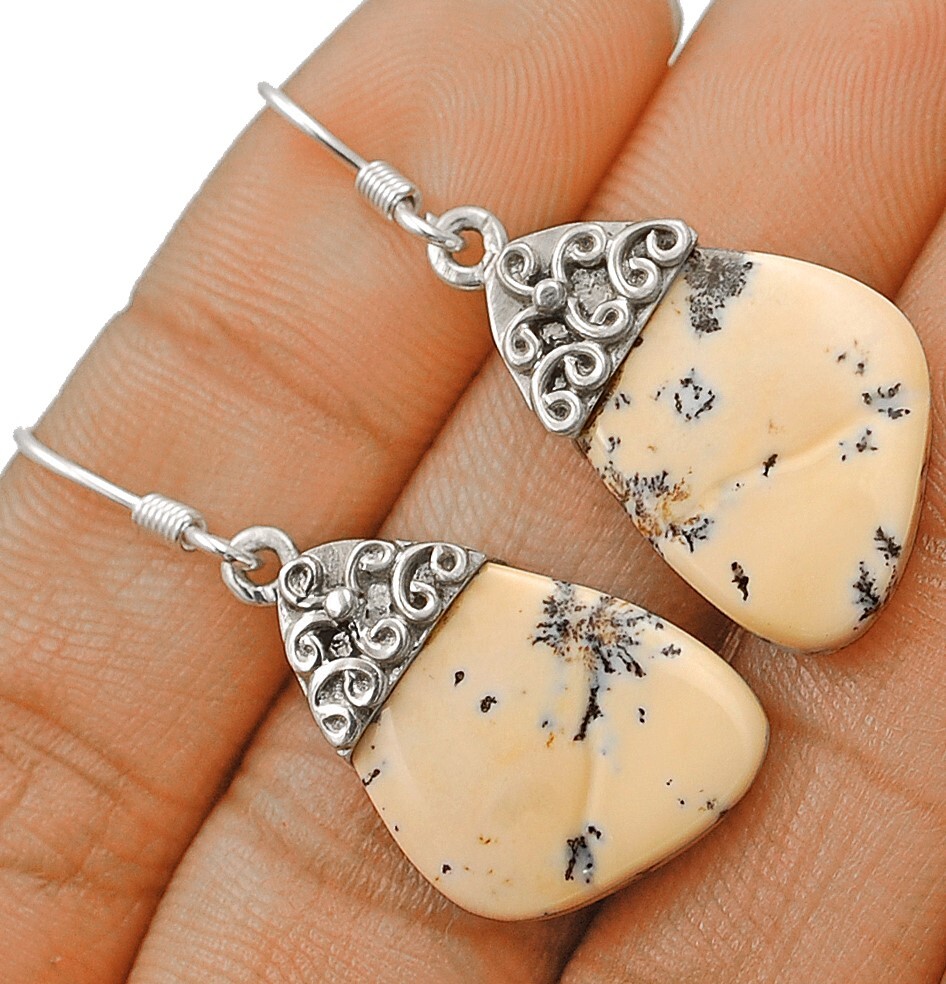 Natural Winter Dendrite Opal 925 Solid Sterling Silver Earrings