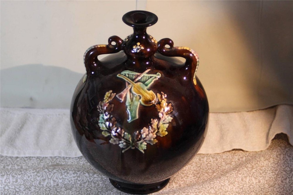 PETERS AND REED ART POTTERY LARGE VINTAGE TWO HANDLE VASE GLAZE VIOLIN HARP OBOE