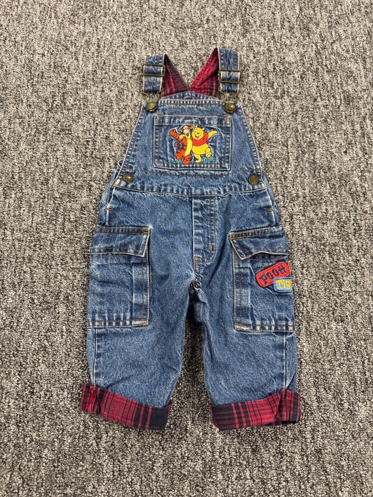 Vtg Disney Winnie the Pooh Denim Bib Overalls Toddle 3T Cargo Plaid Trim RARE