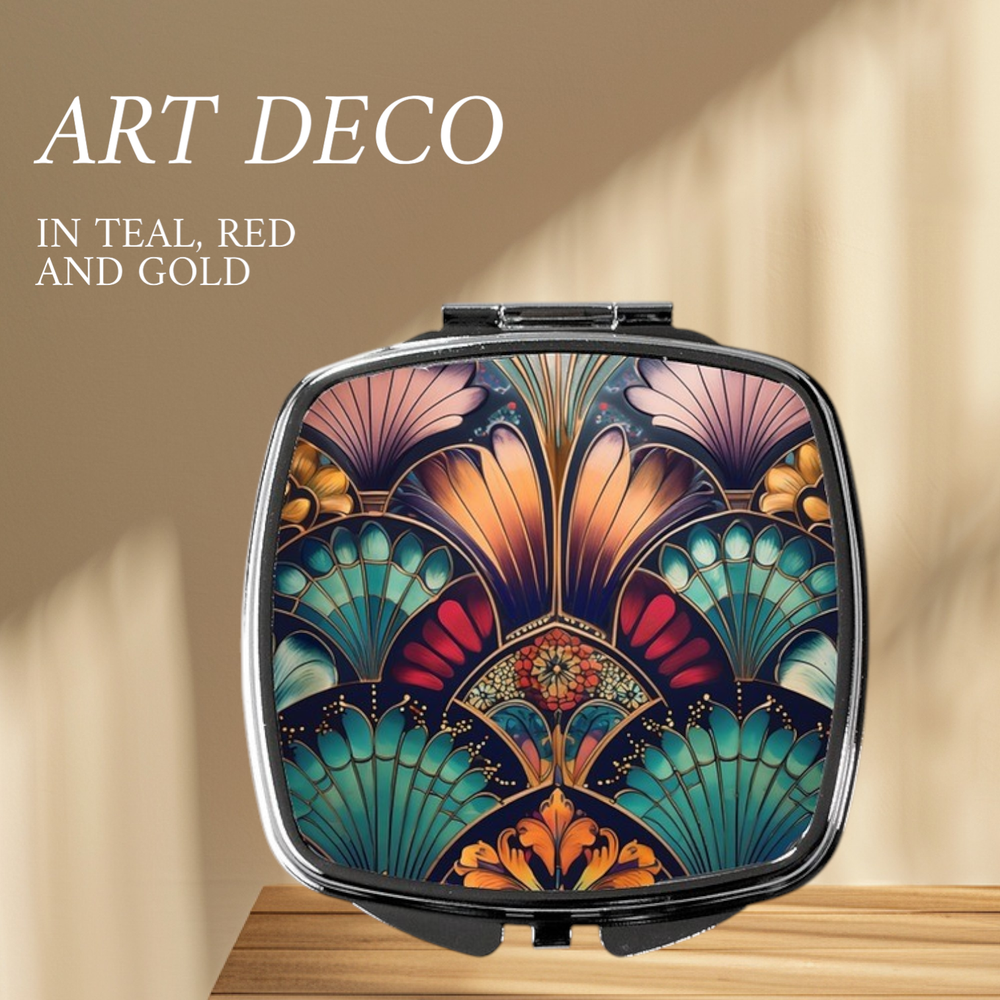 Art Deco Red Teal Gold Vintage Handbag Compact Makeup Mirror