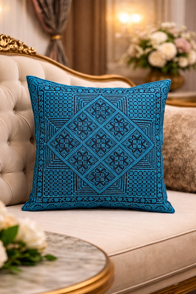 Palestinian Tatreez Square Black Pillow Cover with Blue Embroidery/Zipper