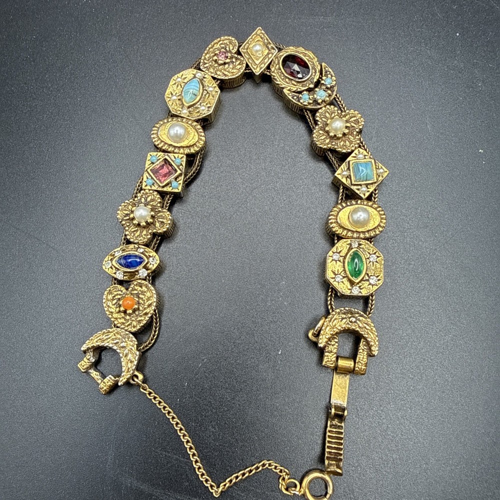 Vintage Victorian Revival Charm Slide Bracelet Unsigned Goldette