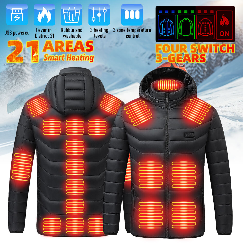 21 Areas Electric Heating Jacket Winter Outdoor Heated Coat w/ 10000mAh Battery