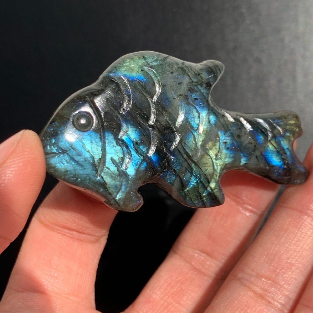 1pc  Rare natural labradorite crystal hand-carved fish sculpture cure