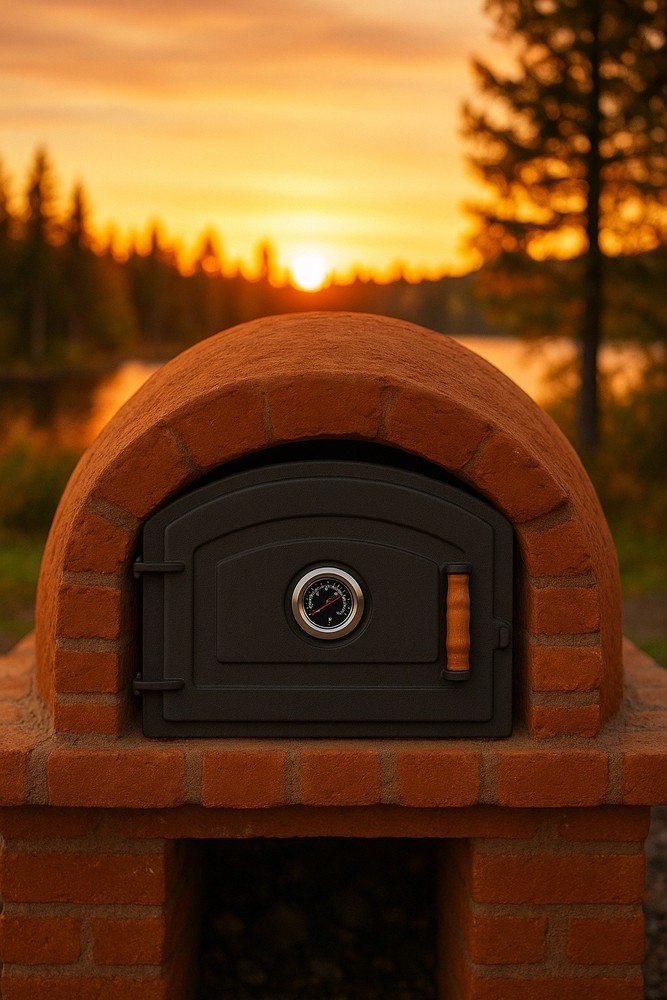 Cast Iron Pizza Oven Door with Thermometer and Wooden Handle for Clay Ovens