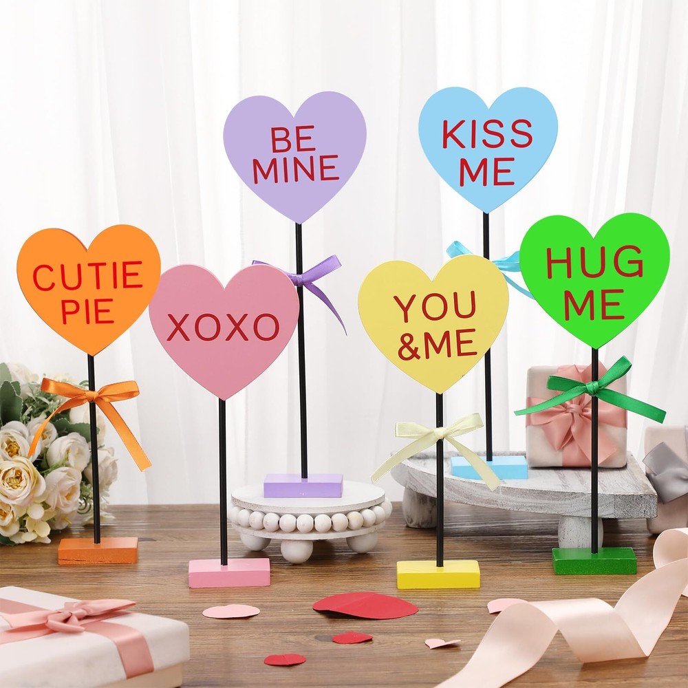 6 Pcs Valentine's Day Conversation Hearts Table Decor Colorful Heart Wooden T...