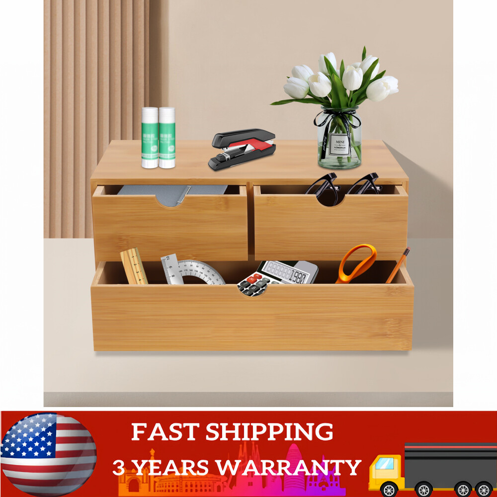 Bamboo Desk Organizer -Tabletop Mini Bamboo Desk Drawer Storage Box w/ 3 Drawers