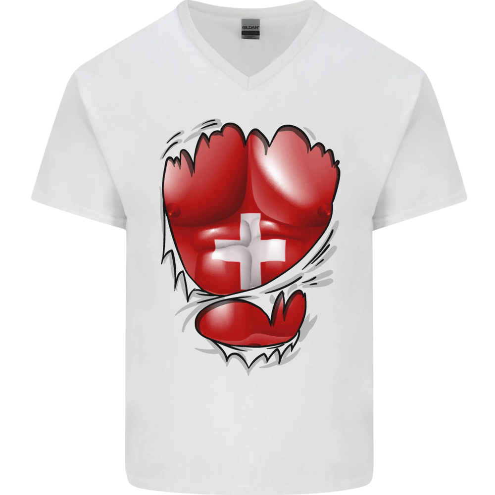 Gym Swiss Flag Ripped Muscles Switzerland Mens V-Neck Cotton T-Shirt