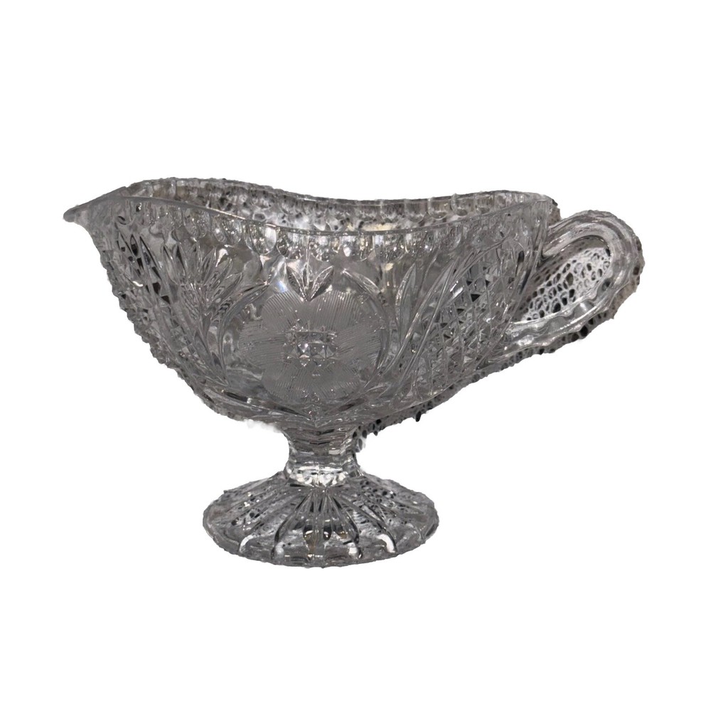 Vintage Floral Pattern Pressed Glass Gravy Boat 5 Inches High