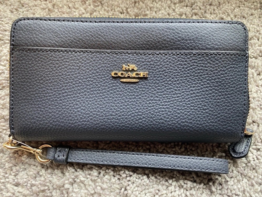 Coach Pebbled Leather Zip Around Accordion Wallet in Midnight Blue NWT F76517