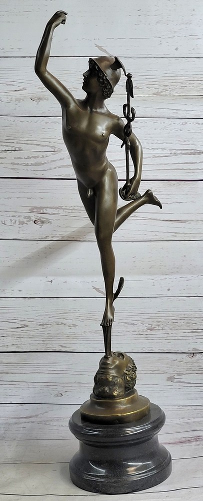 Bronze Mercury Flying Statue Art Deco Roman Mythological Sculpture Marble Base