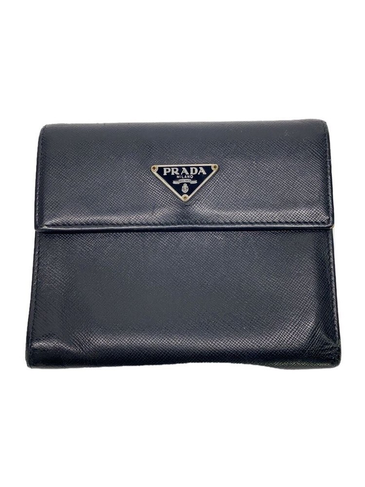 PRADA Trifold Wallet Leather BLK Solid Womens