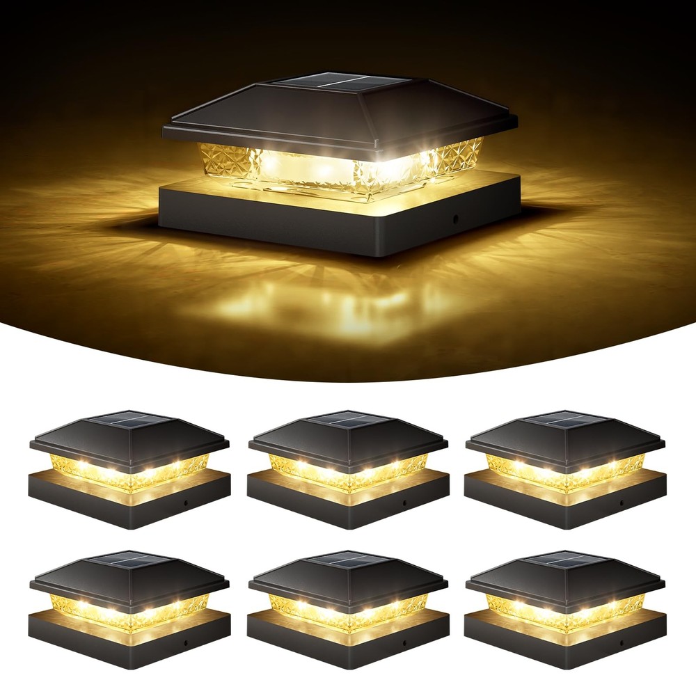 4x4 Solar Post Cap Lights - 6 Pack Waterproof Black Deck Fence Lights
