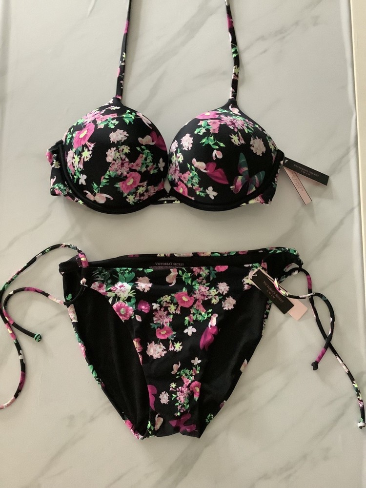 Victorias Secret Icon Push Up Side Tie Brazilian Set Tropical Floral Bikini 34C