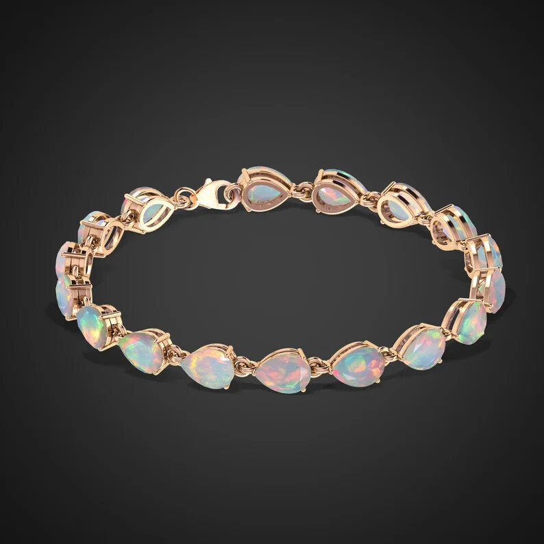 15ct Pear Cut Simulated Opal Chain Tennis Bracelet 14k Rose Gold Plated