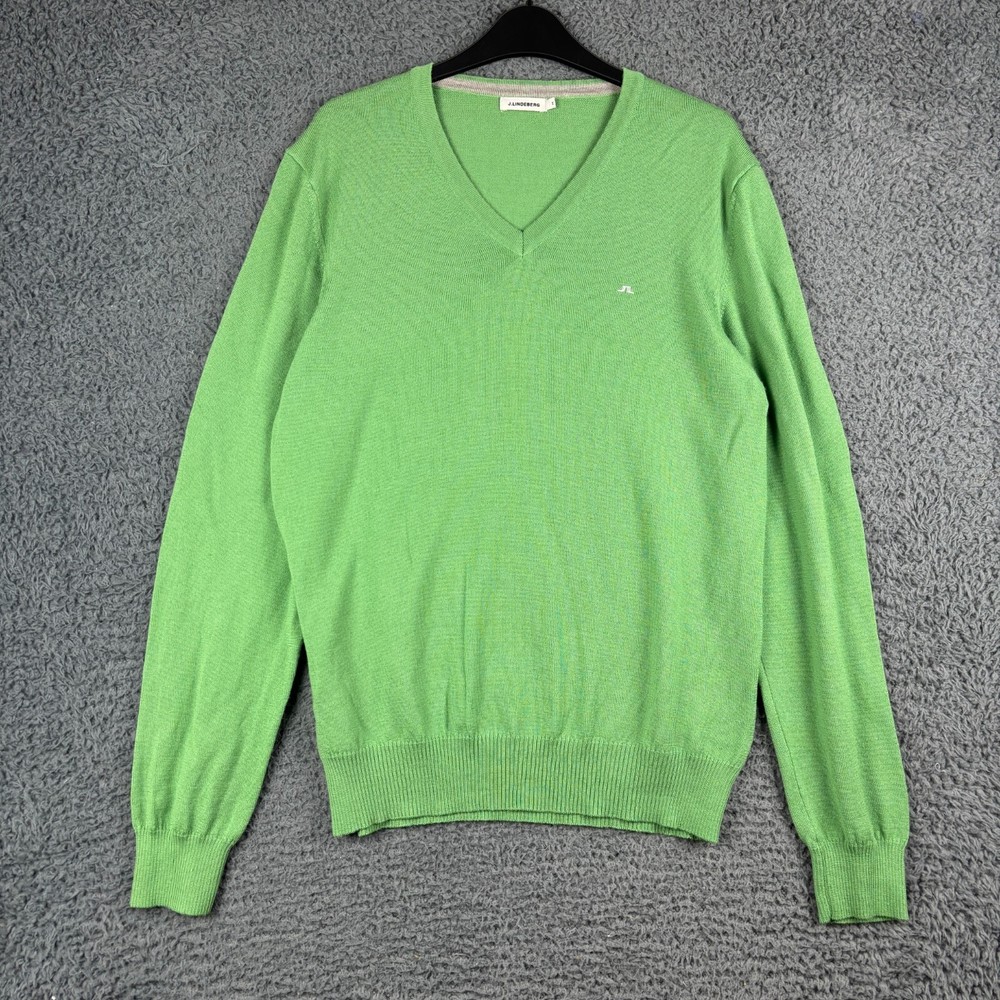 J Lindeberg Jumper Mens Medium Green V Neck 100% Merino Wool Knit Pullover Golf